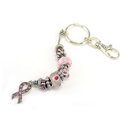 Key Chain - 12 PCS with Dangling Pink Ribbon Charms - Pink - KC-BCPK